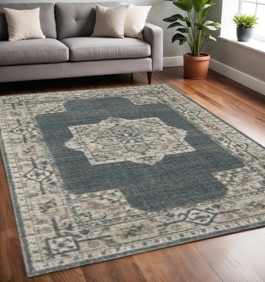 5' X 8' Blue and Beige Oriental Power Loom Area Rug - Homeroots - Flyclothing LLC