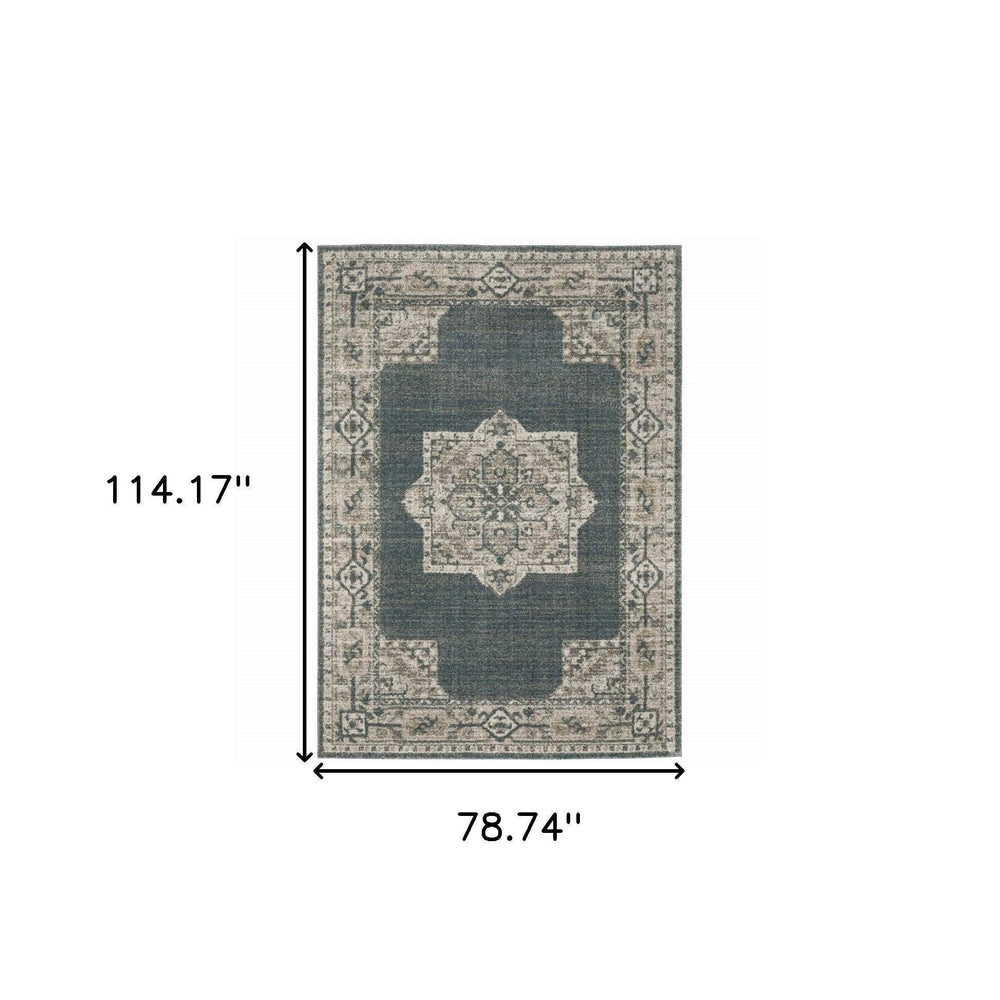 7' X 10' Blue and Beige Oriental Power Loom Area Rug - Homeroots - Flyclothing LLC