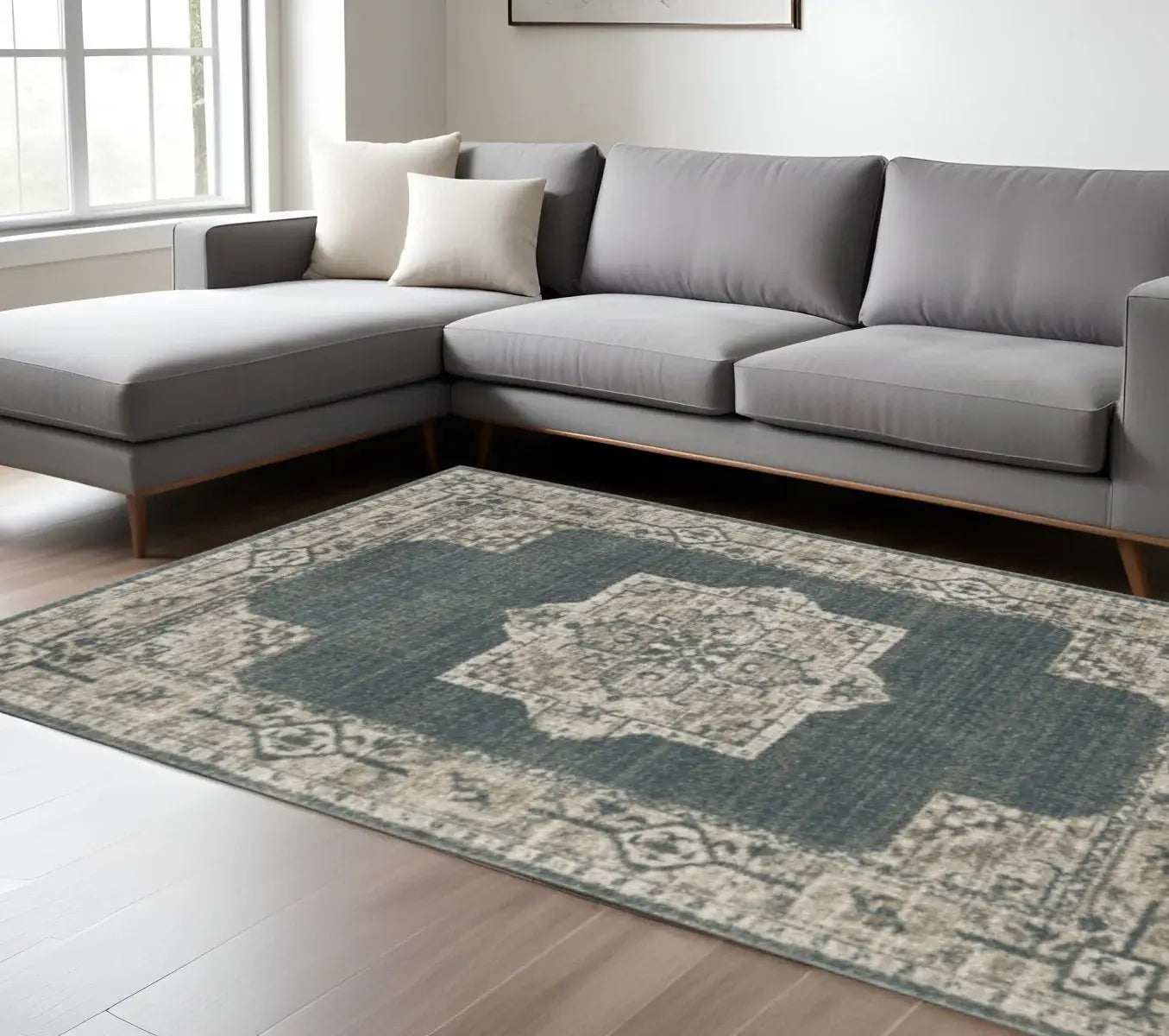 7' X 10' Blue and Beige Oriental Power Loom Area Rug - Homeroots - Flyclothing LLC
