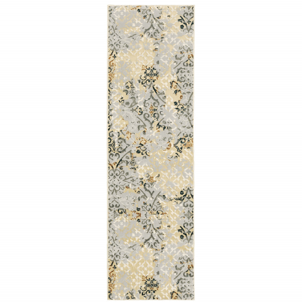 2' X 8' Grey And Gold Abstract Power Loom Stain Resistant Runner Rug - Homeroots