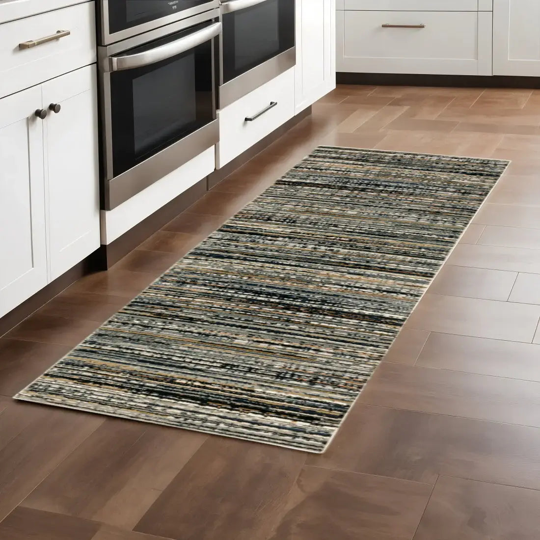 2' X 8' Black Navy Gold Ivory And Blush Abstract Power Loom Stain Resistant Runner Rug - Homeroots - Flyclothing LLC