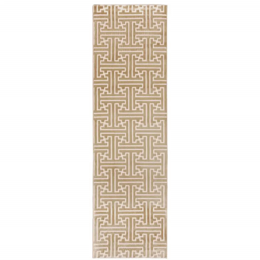 2' X 8' Gold And Ivory Geometric Power Loom Stain Resistant Runner Rug - Homeroots - Flyclothing LLC