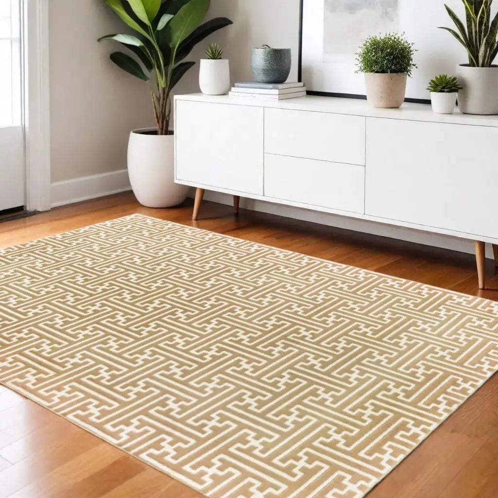 4' X 6' Gold And Ivory Geometric Power Loom Stain Resistant Area Rug - Homeroots - Flyclothing LLC