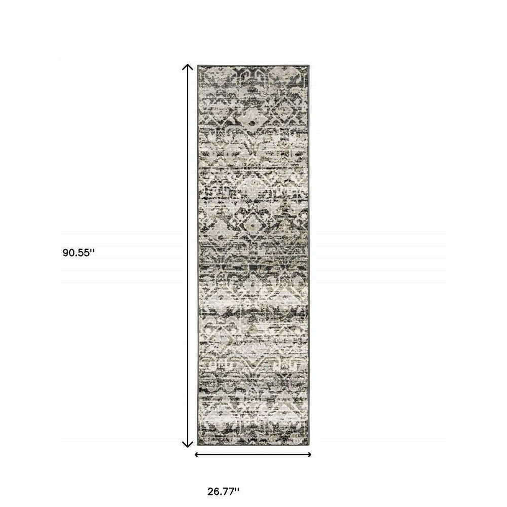 2' X 8' Grey And Ivory Geometric Power Loom Stain Resistant Runner Rug - Homeroots - Flyclothing LLC