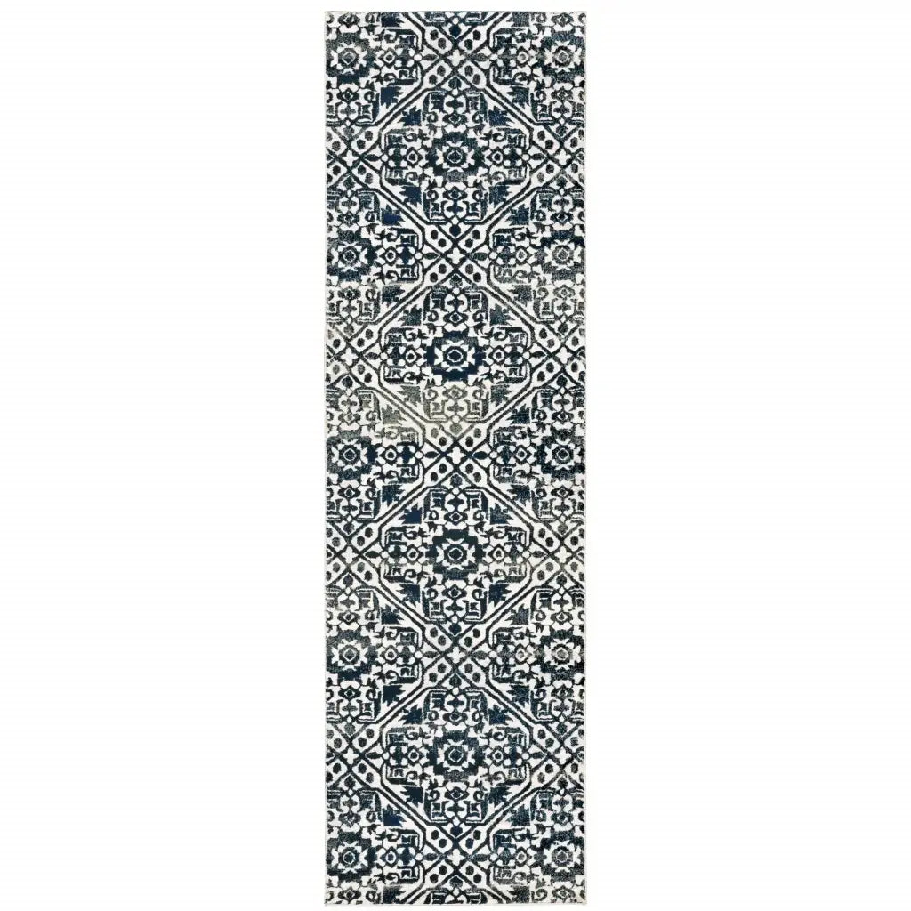 2' X 8' Navy And Ivory Geometric Power Loom Stain Resistant Runner Rug - Homeroots - Flyclothing LLC