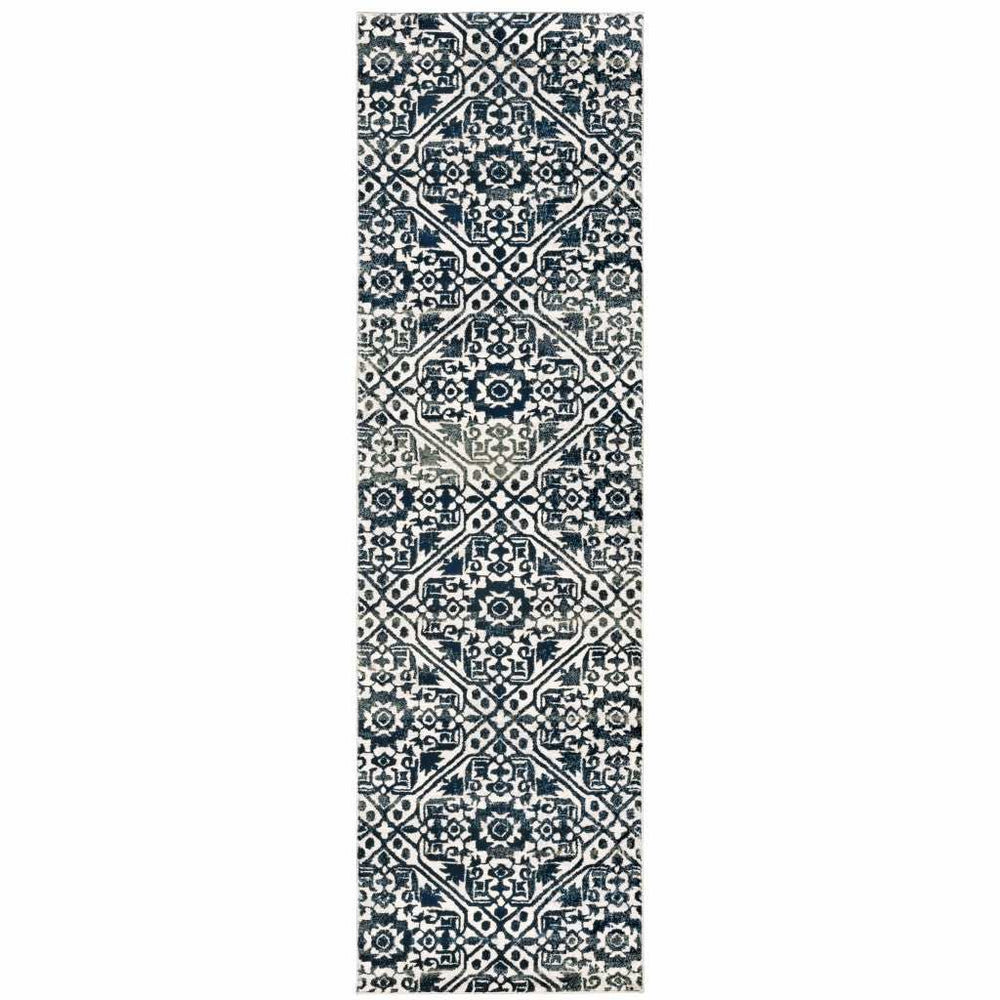 2' X 8' Navy And Ivory Geometric Power Loom Stain Resistant Runner Rug - Homeroots - Flyclothing LLC