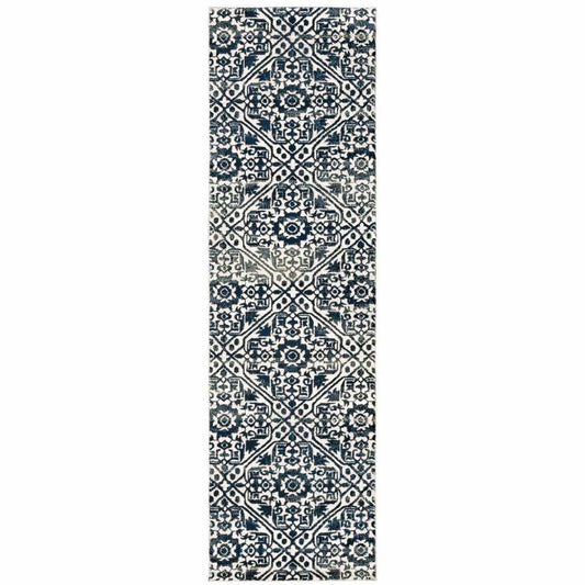 2' X 8' Navy And Ivory Geometric Power Loom Stain Resistant Runner Rug - Homeroots - Flyclothing LLC