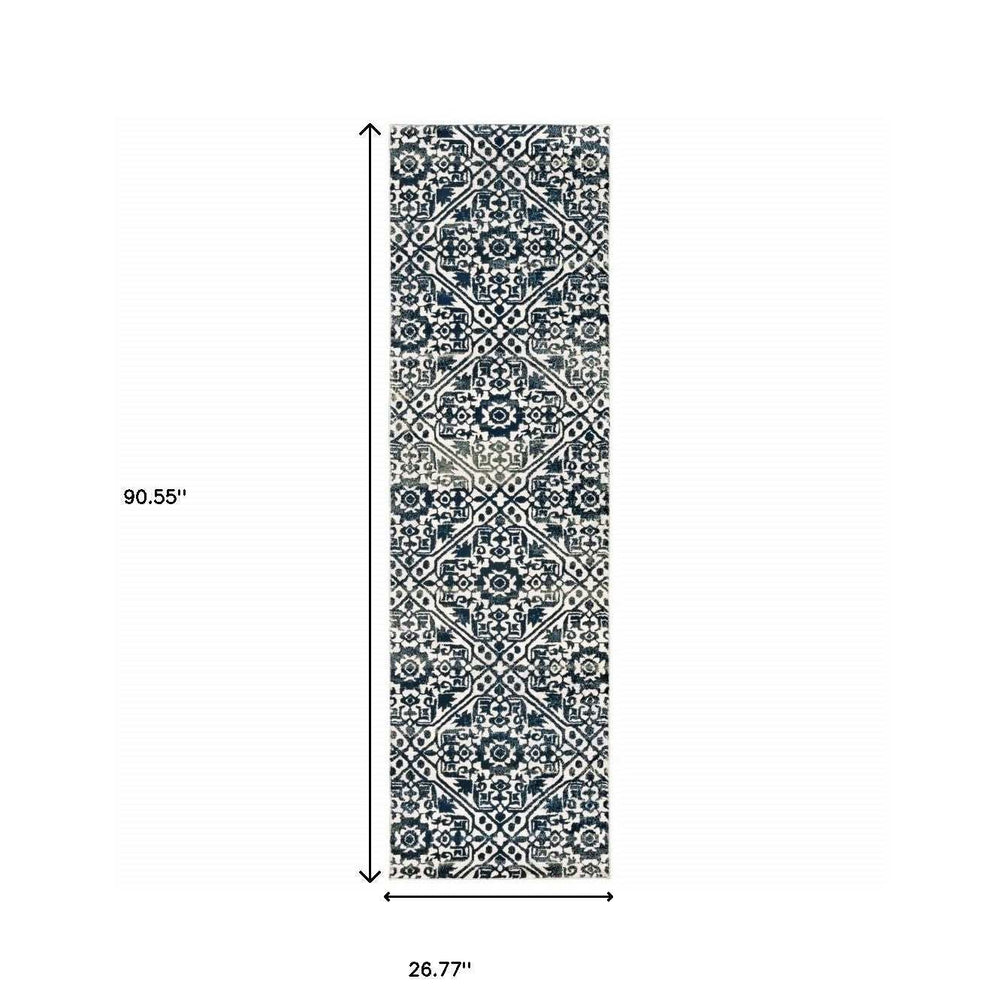 2' X 8' Navy And Ivory Geometric Power Loom Stain Resistant Runner Rug - Homeroots - Flyclothing LLC