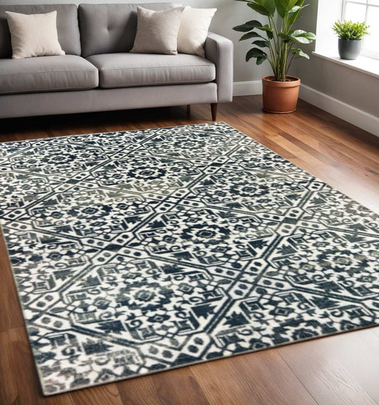 5' X 8' Navy And Ivory Geometric Power Loom Stain Resistant Area Rug - Homeroots - Flyclothing LLC