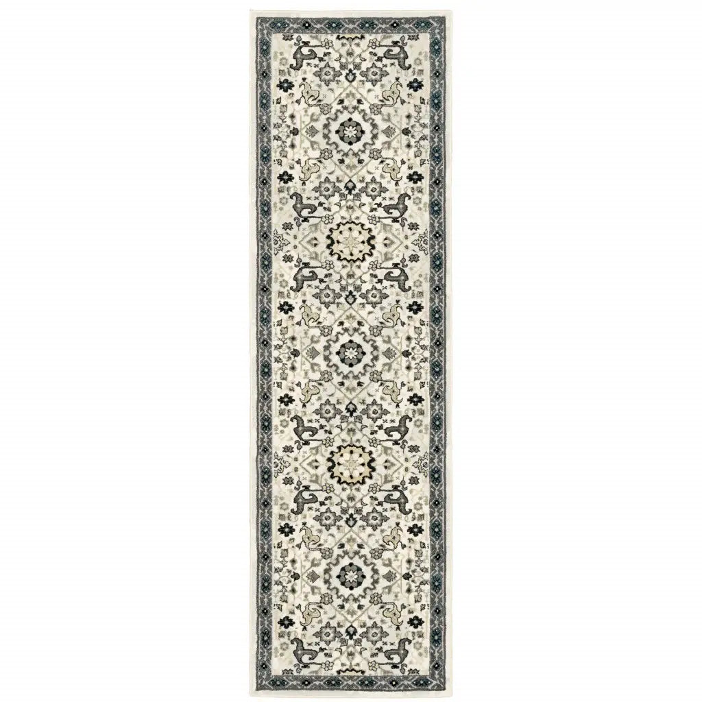 2' X 8' Ivory Navy And Gold Oriental Power Loom Stain Resistant Runner Rug - Homeroots - Flyclothing LLC