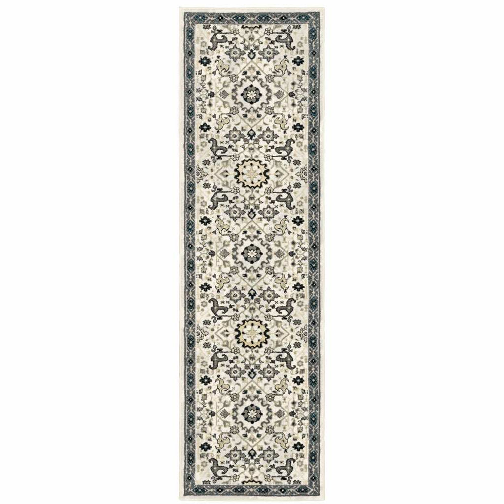 2' X 8' Ivory Navy And Gold Oriental Power Loom Stain Resistant Runner Rug - Homeroots - Flyclothing LLC