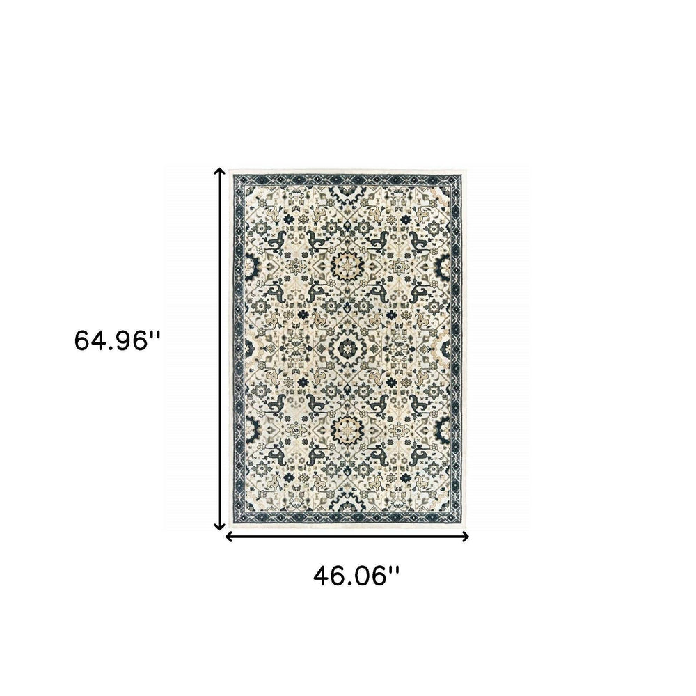 4' X 6' Ivory Navy And Gold Oriental Power Loom Stain Resistant Area Rug - Homeroots - Flyclothing LLC