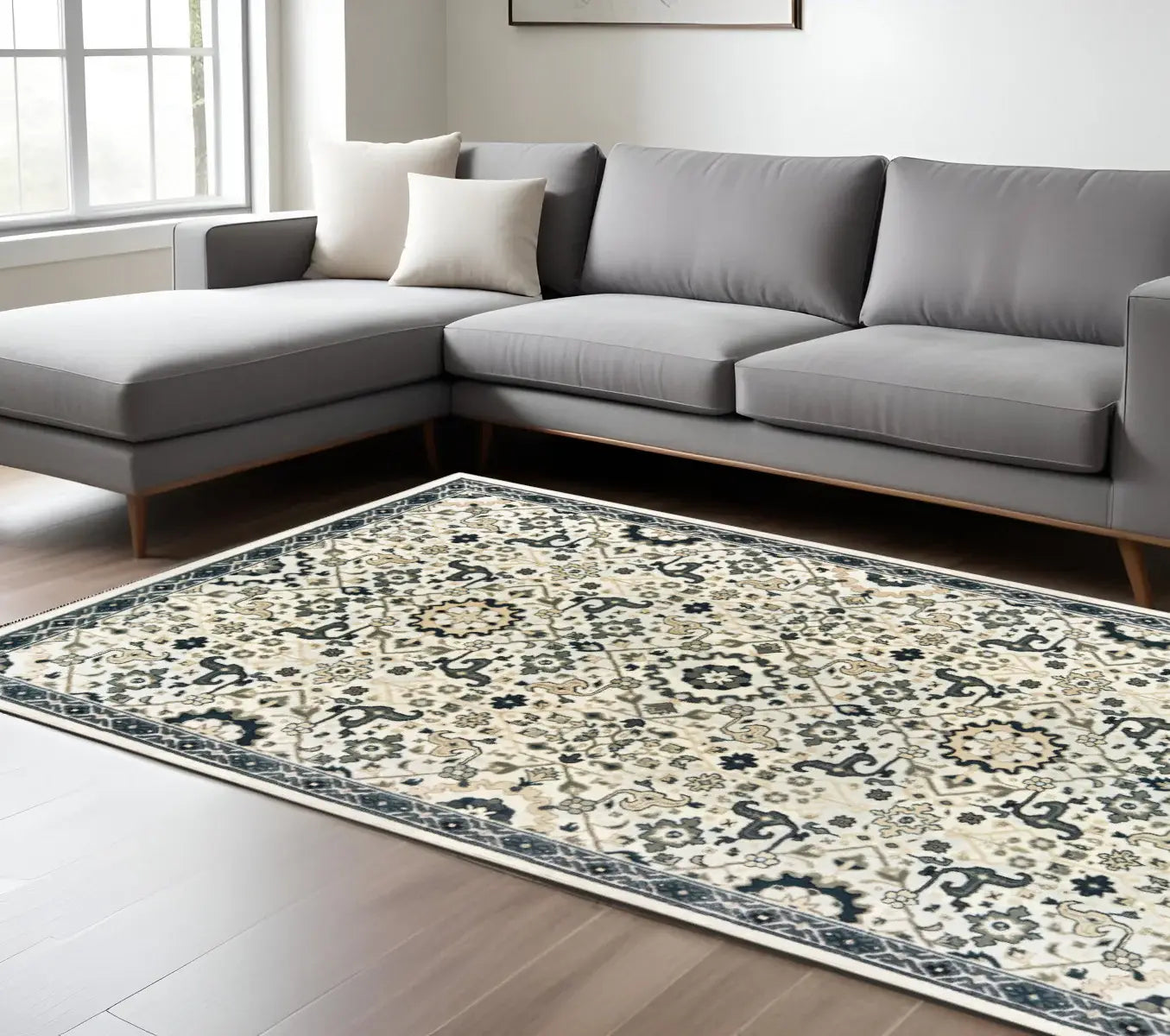 8' X 11' Ivory Navy And Gold Oriental Power Loom Stain Resistant Area Rug - Homeroots - Flyclothing LLC