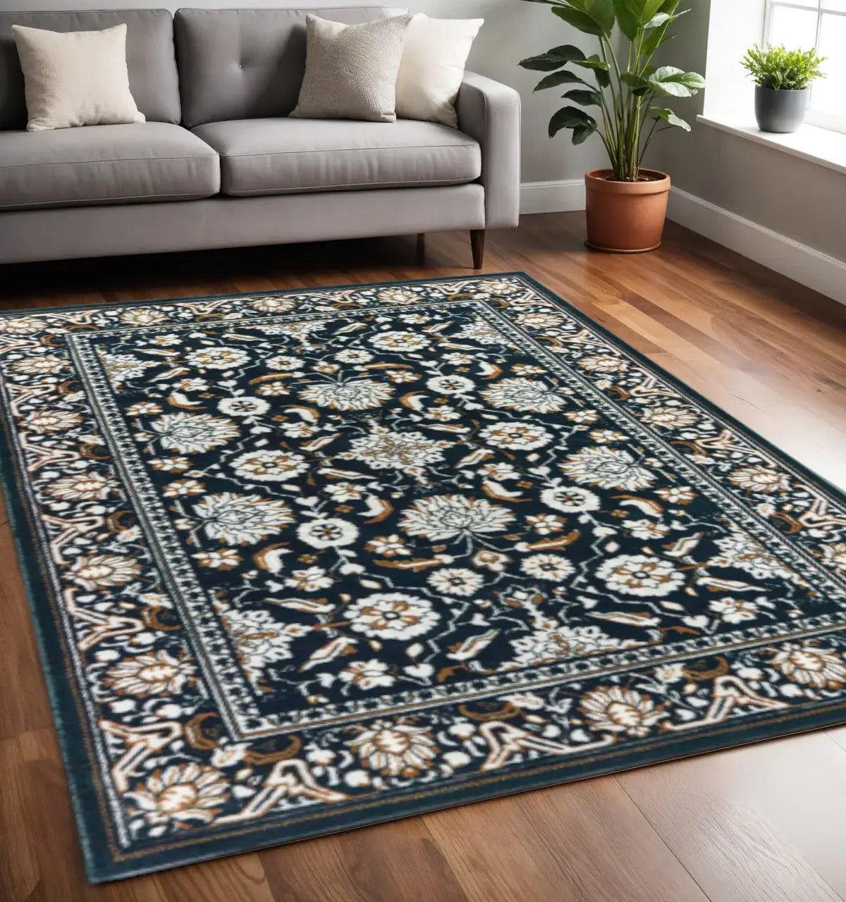 4' X 6' Navy Caramel And Ivory Oriental Power Loom Stain Resistant Area Rug - Homeroots - Flyclothing LLC