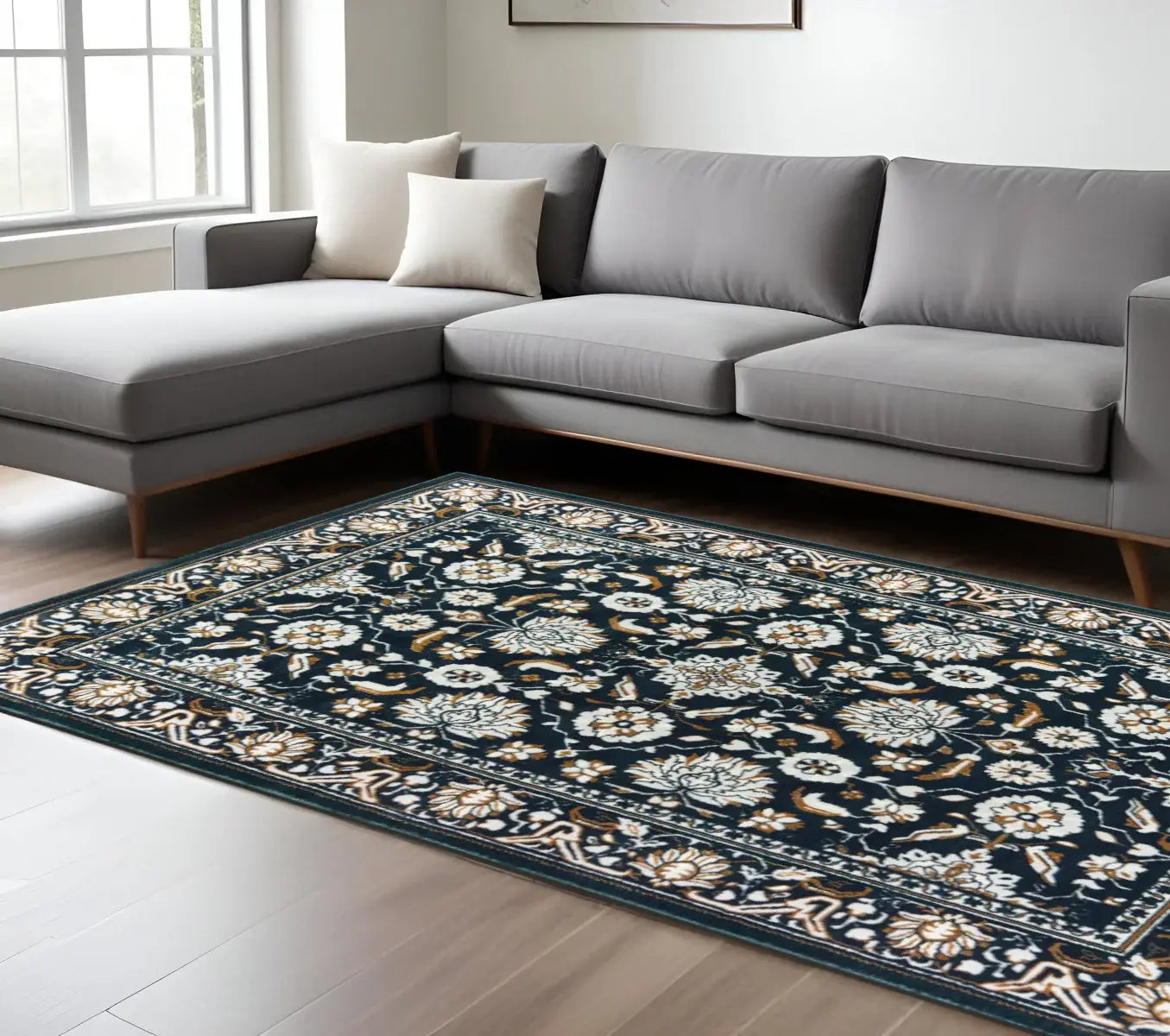 8' X 11' Navy Caramel And Ivory Oriental Power Loom Stain Resistant Area Rug - Homeroots - Flyclothing LLC