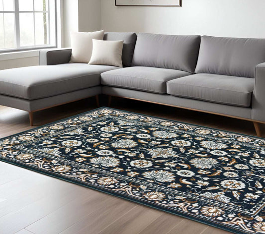 8' X 11' Navy Caramel And Ivory Oriental Power Loom Stain Resistant Area Rug - Homeroots - Flyclothing LLC