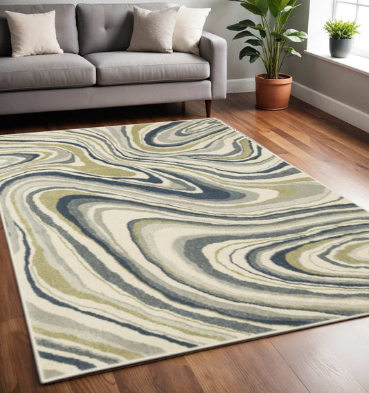 5' X 7' Ivory Blue And Beige Abstract Power Loom Stain Resistant Area Rug - Homeroots - Flyclothing LLC