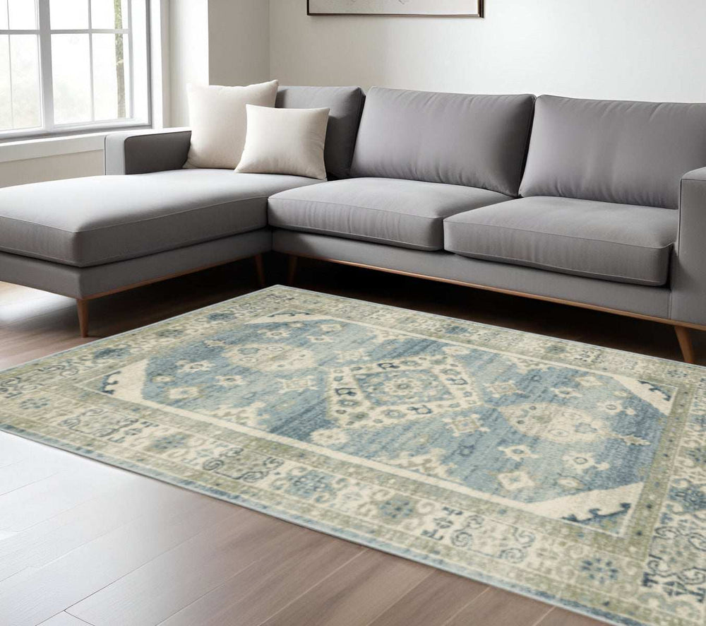 8' X 10' Blue Grey Beige And Teal Oriental Power Loom Stain Resistant Area Rug - Homeroots - Flyclothing LLC