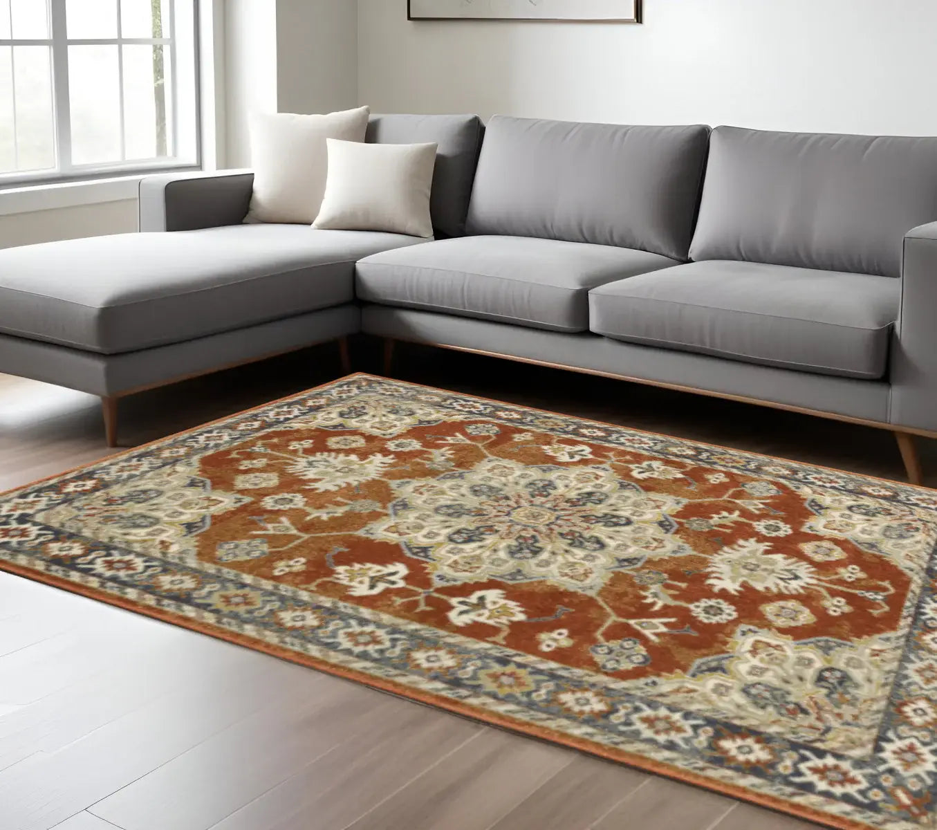 6' X 9' Rust Beige Teal Blue And Gold Oriental Power Loom Stain Resistant Area Rug - Homeroots - Flyclothing LLC