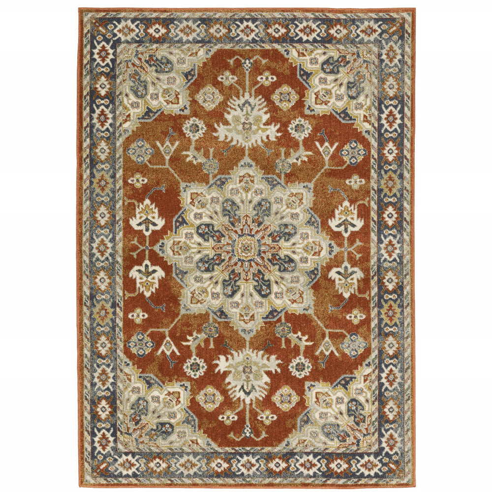 10' X 13' Rust Beige Teal Blue And Gold Oriental Power Loom Stain Resistant Area Rug - Homeroots