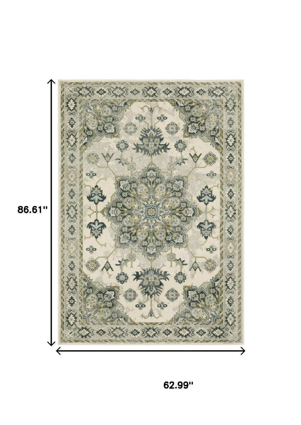 5' X 7' Ivory Blue Teal Grey And Olive Green Oriental Power Loom Stain Resistant Area Rug - Homeroots - Flyclothing LLC
