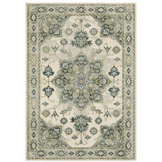 6' X 9' Ivory Blue Teal Grey And Olive Green Oriental Power Loom Stain Resistant Area Rug - Homeroots - Flyclothing LLC