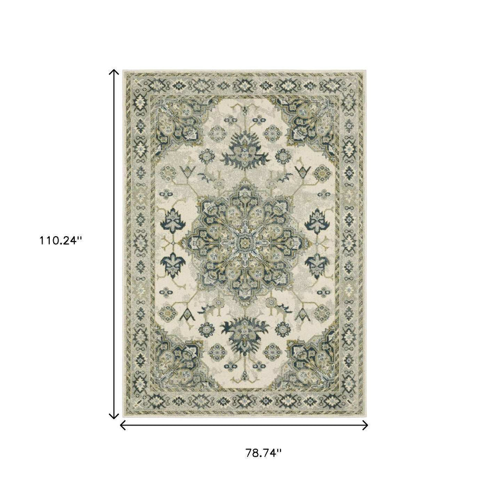 6' X 9' Ivory Blue Teal Grey And Olive Green Oriental Power Loom Stain Resistant Area Rug - Homeroots - Flyclothing LLC