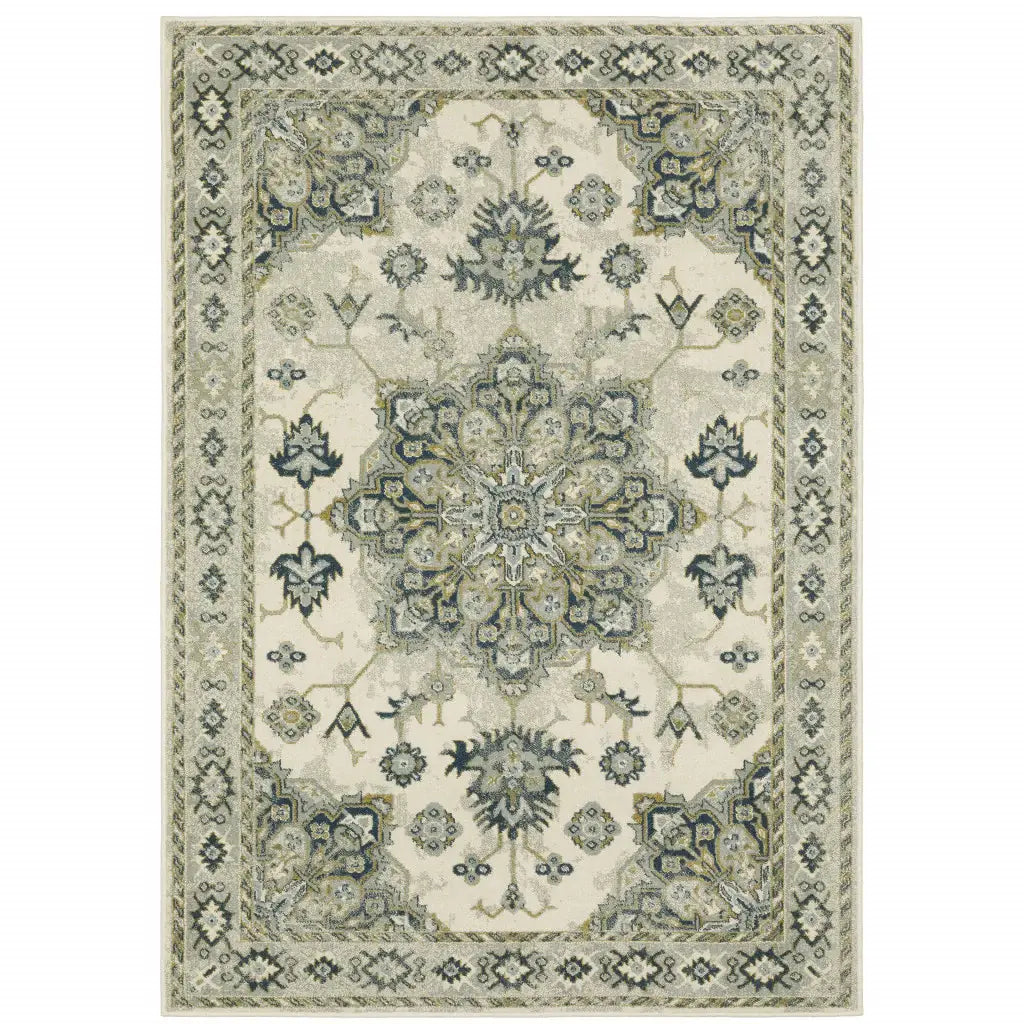 10' X 13' Ivory Blue Teal Grey And Olive Green Oriental Power Loom Stain Resistant Area Rug - Homeroots - Flyclothing LLC