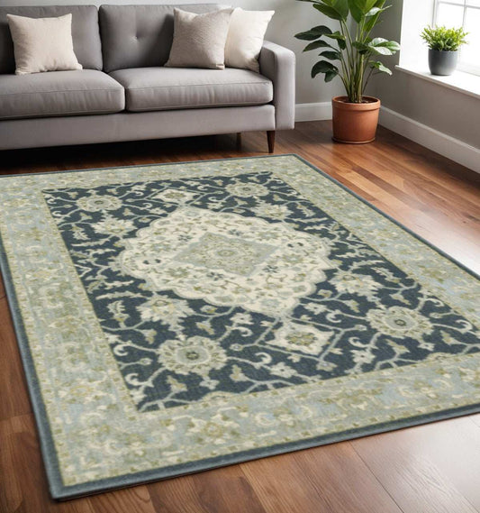 5' X 7' Teal Blue Ivory Green And Grey Oriental Power Loom Stain Resistant Area Rug - Homeroots - Flyclothing LLC