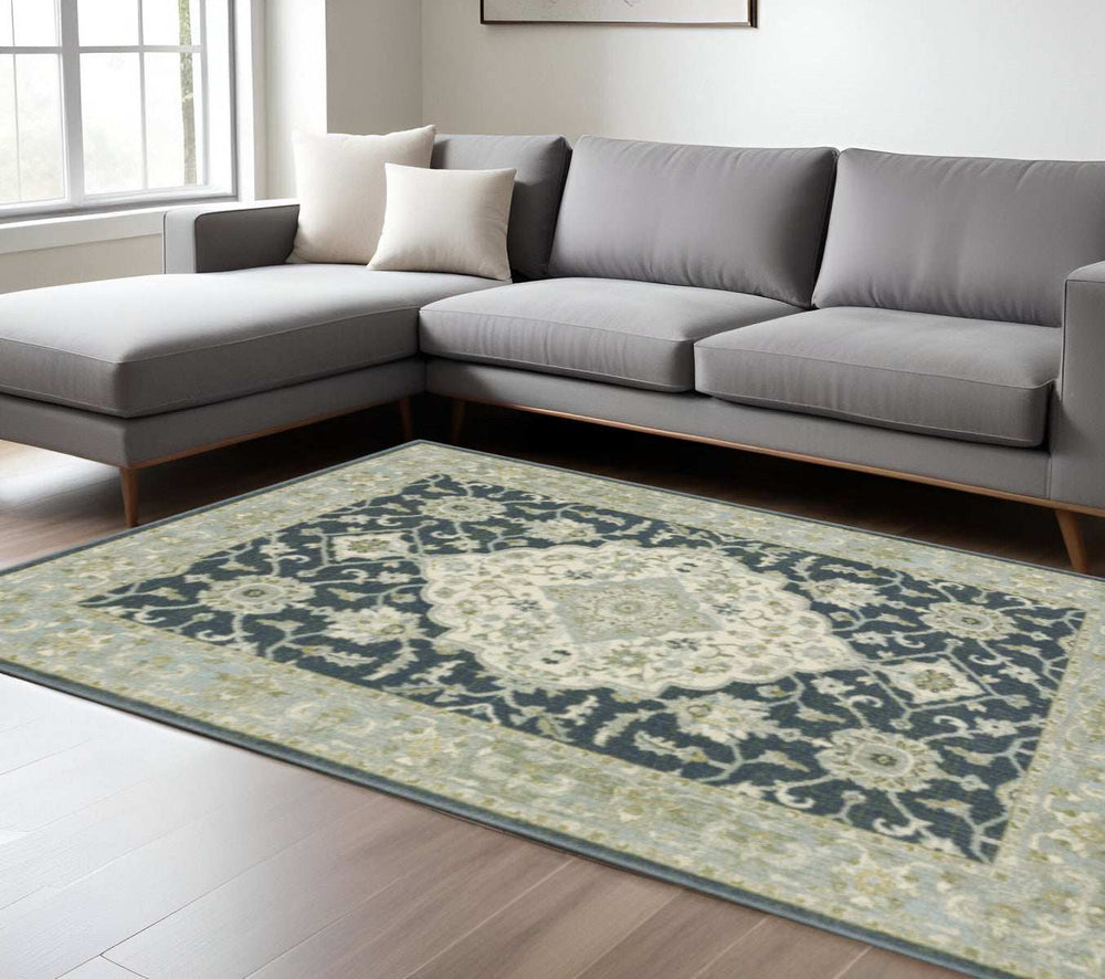 6' X 9' Teal Blue Ivory Green And Grey Oriental Power Loom Stain Resistant Area Rug - Homeroots - Flyclothing LLC