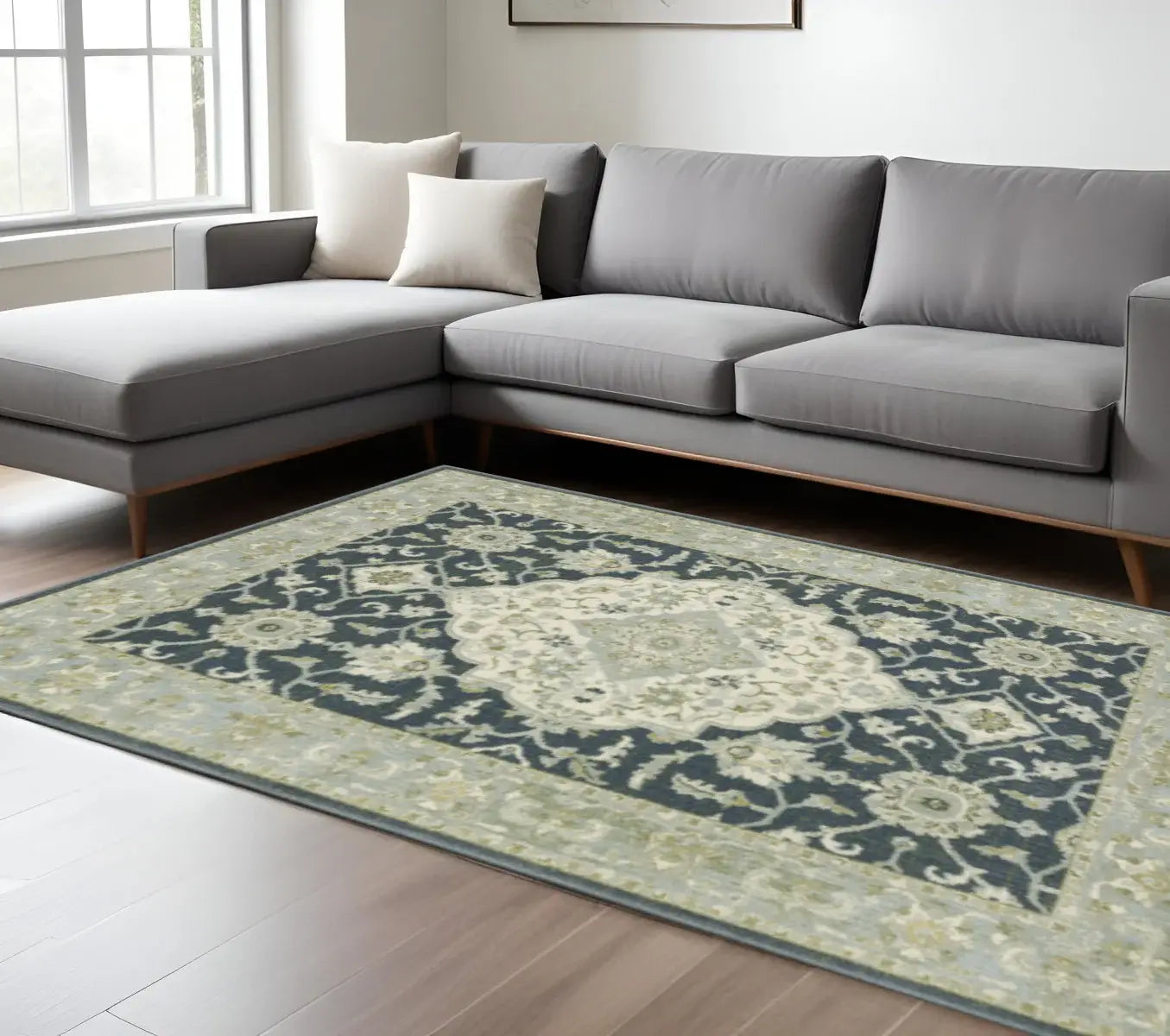 8' X 10' Teal Blue Ivory Green And Grey Oriental Power Loom Stain Resistant Area Rug - Homeroots - Flyclothing LLC