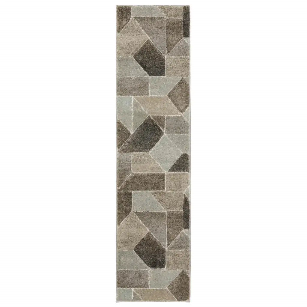 2' X 8' Grey Brown Beige Tan Taupe And Ivory Geometric Power Loom Stain Resistant Runner Rug - Homeroots - Flyclothing LLC
