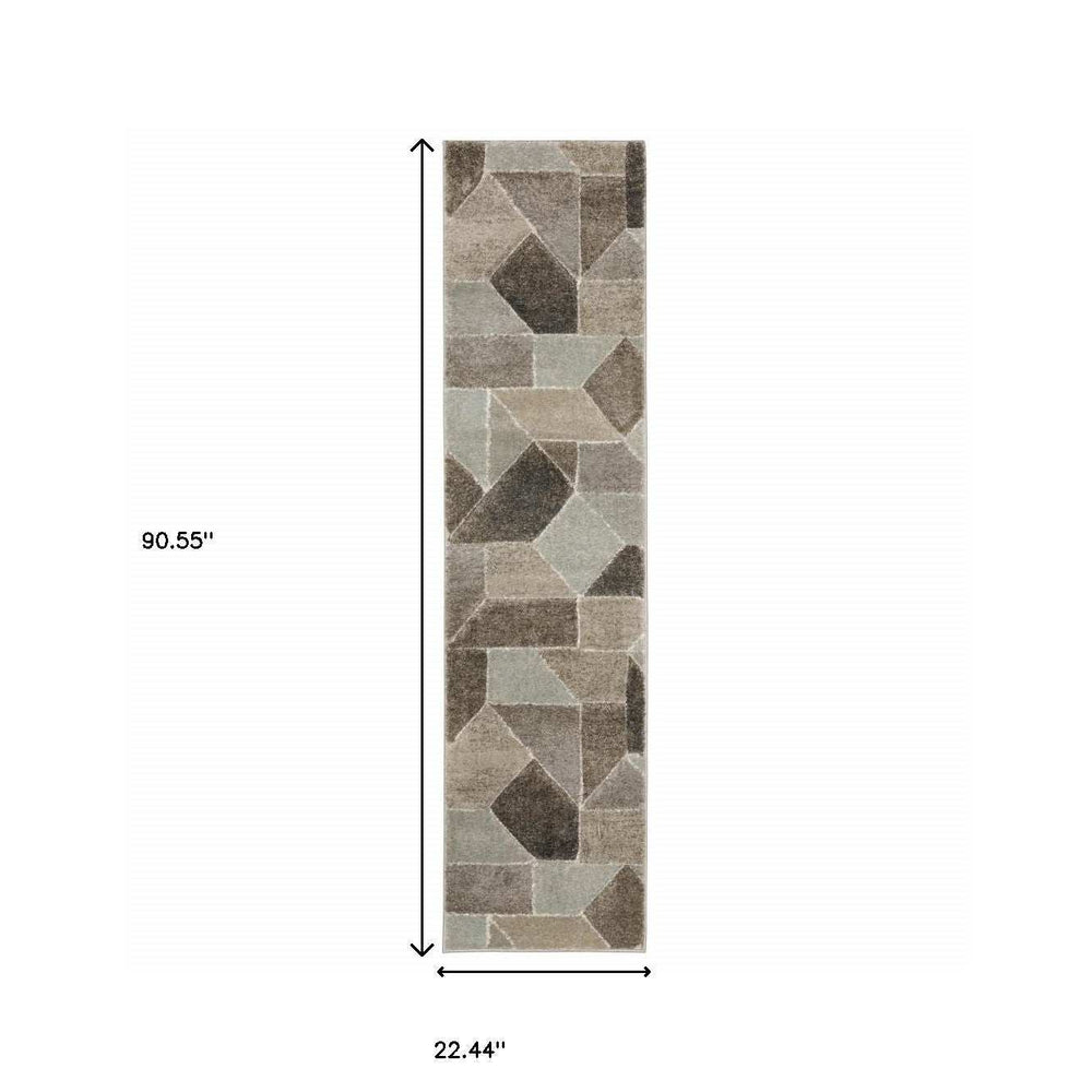 2' X 8' Grey Brown Beige Tan Taupe And Ivory Geometric Power Loom Stain Resistant Runner Rug - Homeroots - Flyclothing LLC