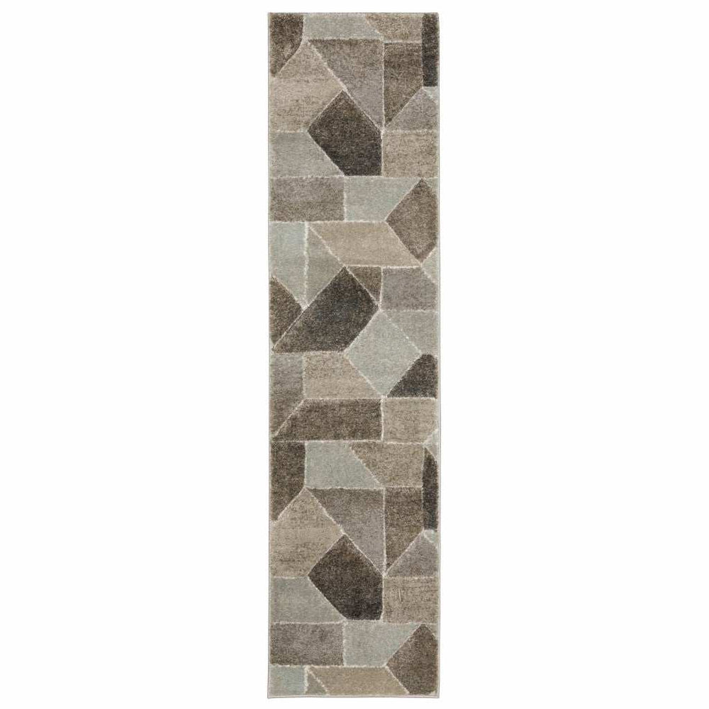 2' X 8' Grey Brown Beige Tan Taupe And Ivory Geometric Power Loom Stain Resistant Runner Rug - Homeroots - Flyclothing LLC