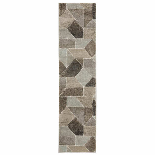 2' X 8' Grey Brown Beige Tan Taupe And Ivory Geometric Power Loom Stain Resistant Runner Rug - Homeroots - Flyclothing LLC