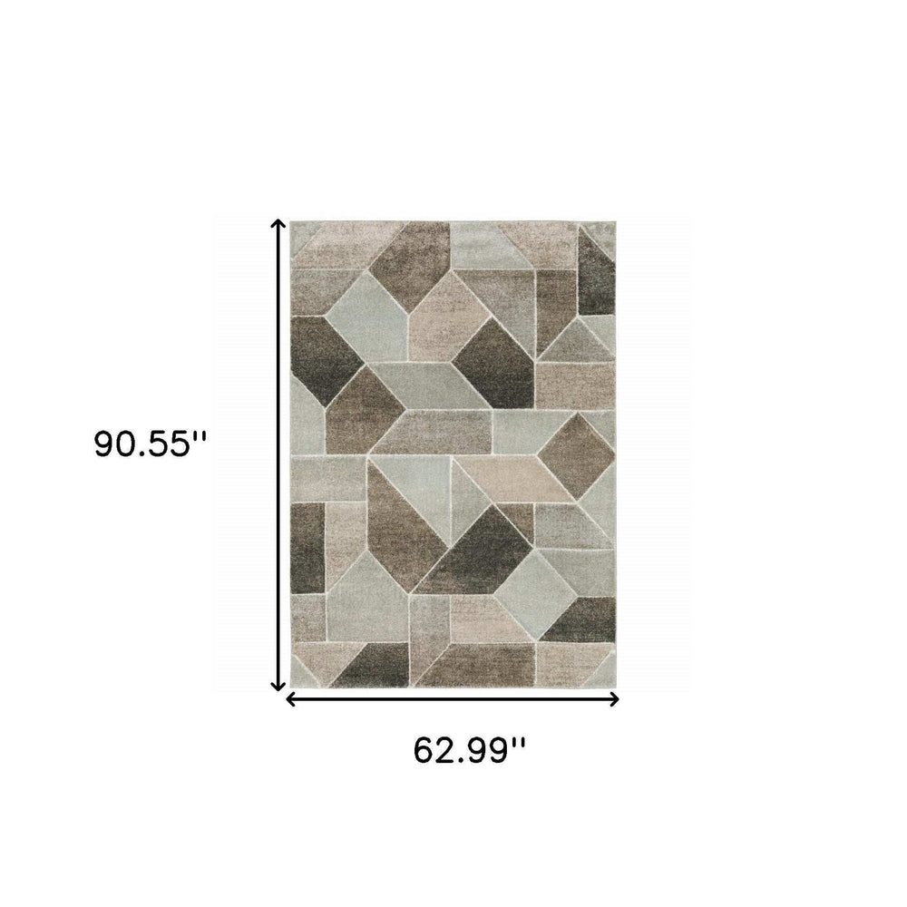 5' X 8' Grey Brown Beige Tan Taupe And Ivory Geometric Power Loom Stain Resistant Area Rug - Homeroots - Flyclothing LLC