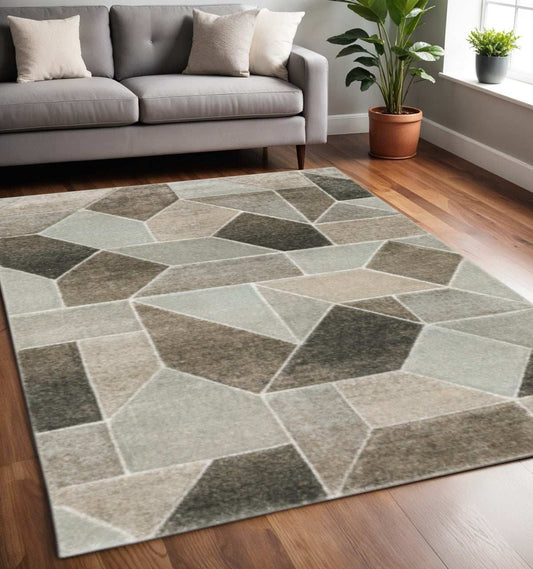 5' X 8' Grey Brown Beige Tan Taupe And Ivory Geometric Power Loom Stain Resistant Area Rug - Homeroots - Flyclothing LLC