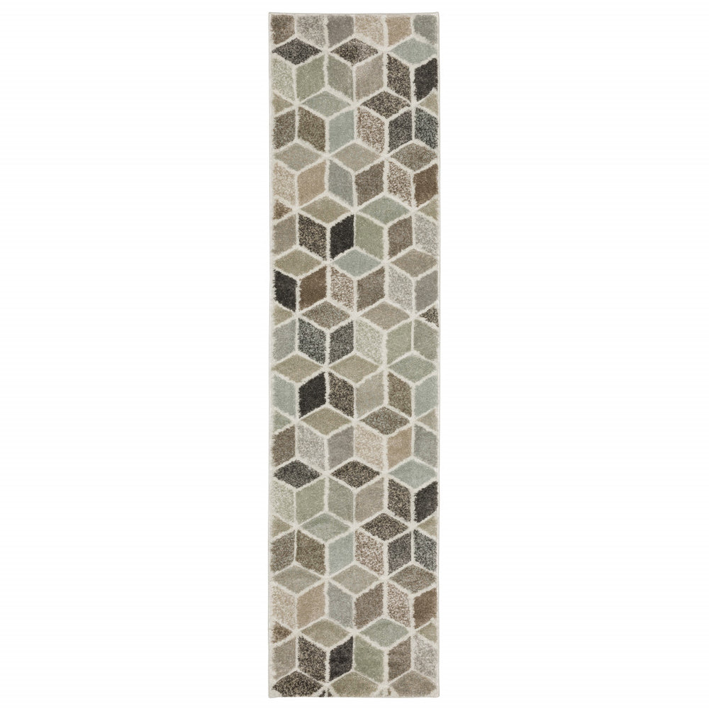 2' X 8' Beige Brown Grey Tan Sage And Pale Blue Geometric Power Loom Stain Resistant Runner Rug - Homeroots