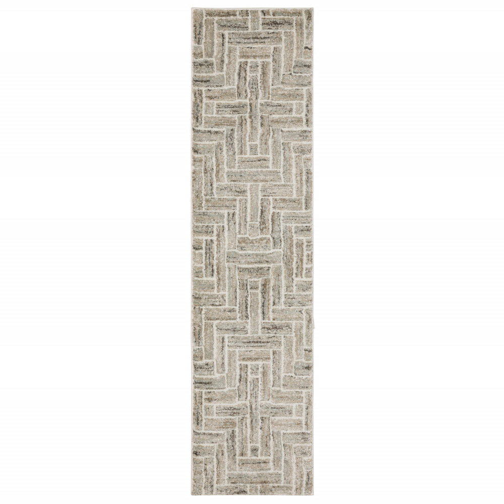 2' X 8' Beige And Ivory Geometric Power Loom Runner Rug