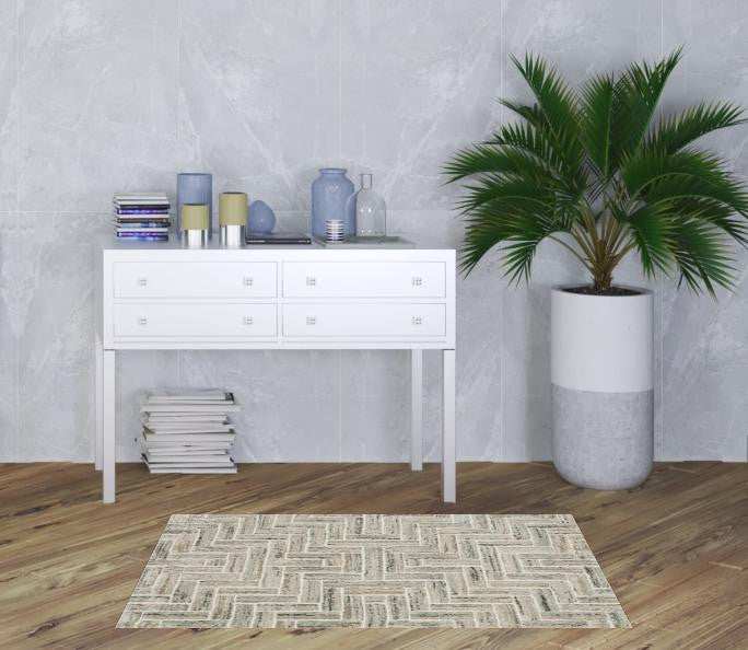 3' X 5' Ivory Beige Grey Brown Pale Blue And Charcoal Geometric Power Loom Stain Resistant Area Rug - Homeroots - Flyclothing LLC