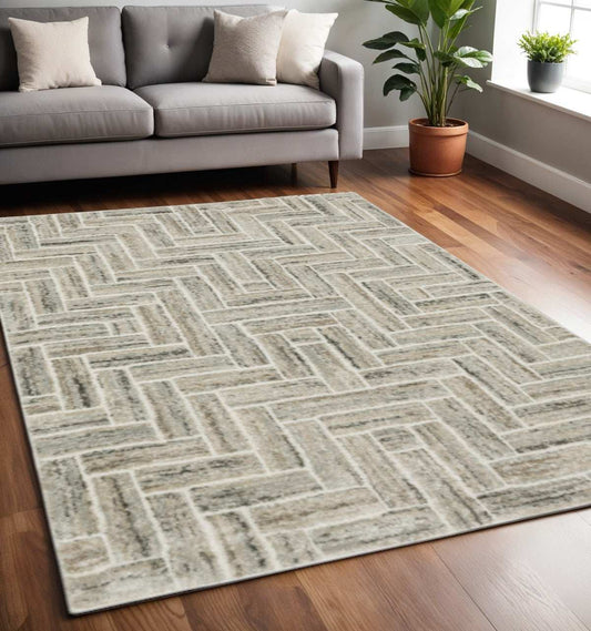 5' X 8' Ivory Beige Grey Brown Pale Blue And Charcoal Geometric Power Loom Stain Resistant Area Rug - Homeroots - Flyclothing LLC