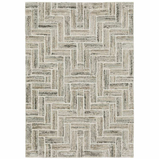 6' X 9' Ivory Beige Grey Brown Pale Blue And Charcoal Geometric Power Loom Stain Resistant Area Rug - Homeroots - Flyclothing LLC