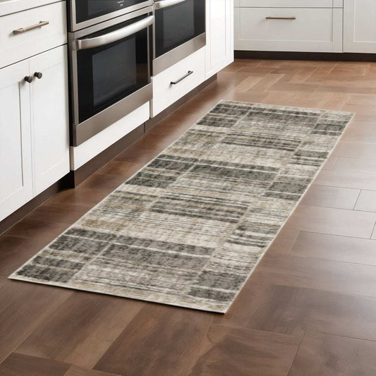 2' X 8' Grey Charcoal Ivory Tan Brown And Beige Geometric Power Loom Stain Resistant Runner Rug - Homeroots - Flyclothing LLC