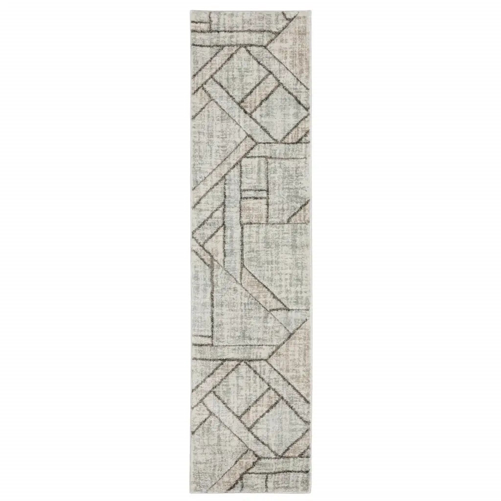 2' X 8' Grey Beige Sage Brown Tan Charcoal And Pale Blue Geometric Power Loom Stain Resistant Runner Rug - Homeroots - Flyclothing LLC