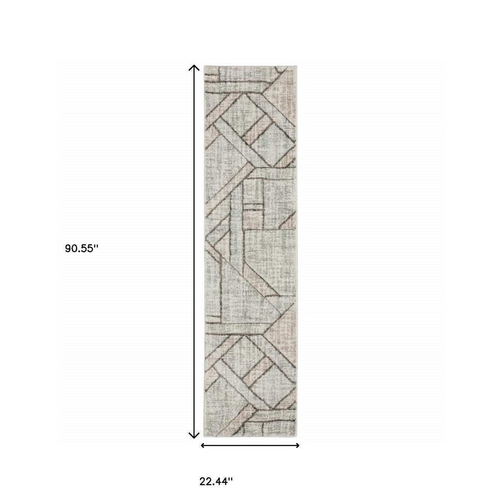 2' X 8' Grey Beige Sage Brown Tan Charcoal And Pale Blue Geometric Power Loom Stain Resistant Runner Rug - Homeroots - Flyclothing LLC