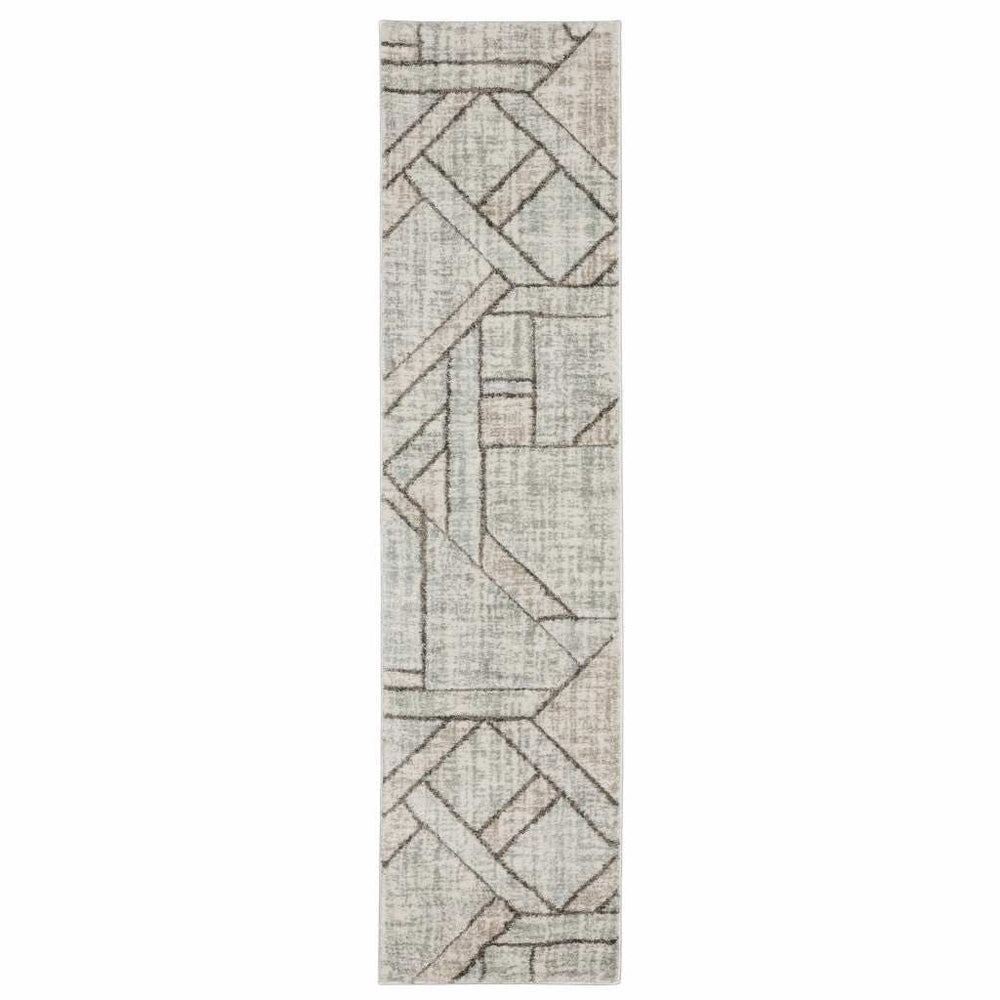 2' X 8' Grey Beige Sage Brown Tan Charcoal And Pale Blue Geometric Power Loom Stain Resistant Runner Rug - Homeroots - Flyclothing LLC