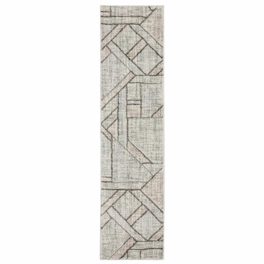 2' X 8' Grey Beige Sage Brown Tan Charcoal And Pale Blue Geometric Power Loom Stain Resistant Runner Rug - Homeroots - Flyclothing LLC
