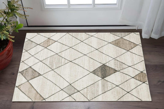 3' X 5' Beige Grey Tan And Brown Geometric Power Loom Stain Resistant Area Rug - Homeroots - Flyclothing LLC