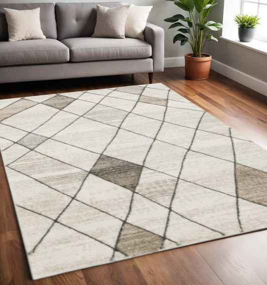 5' X 8' Beige Grey Tan And Brown Geometric Power Loom Stain Resistant Area Rug - Homeroots - Flyclothing LLC