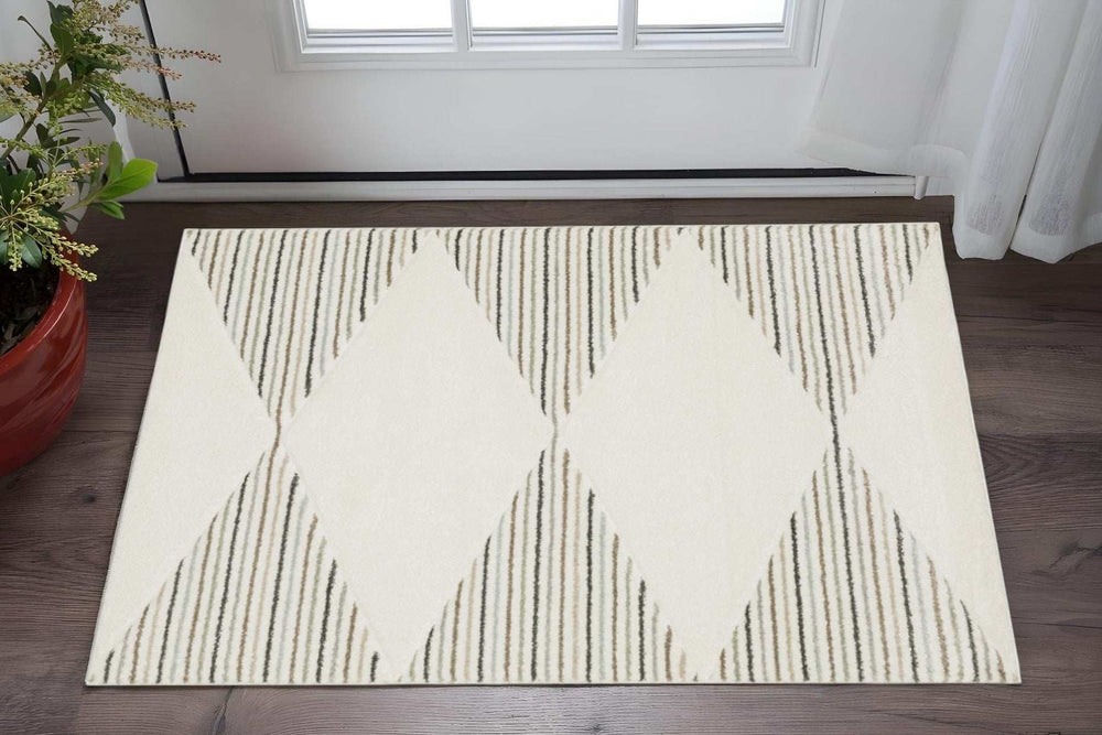 3' X 5' Beige Grey Sage Green Pale Blue Brown And Charcoal Geometric Power Loom Stain Resistant Area Rug - Homeroots - Flyclothing LLC